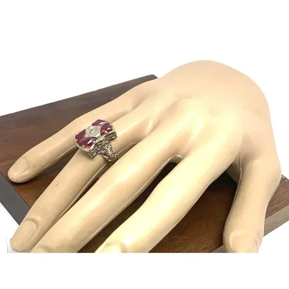 Filigree Pink Gemstone Diamond Cocktail Ring 14k White Gold Women's Size 8